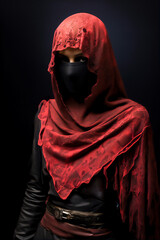 Wall Mural - portrait of warrior Muslim woman in battle dress with hijab and burqa or veil,  hyper realistic and detailed, dramatic light and shadows, create using generative AI tools