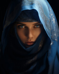 Wall Mural - portrait of warrior Muslim woman in battle dress with hijab and burqa or veil,  hyper realistic and detailed, dramatic light and shadows, create using generative AI tools