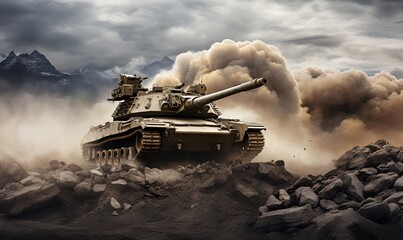 battle tank with dust and explosion, ai generative