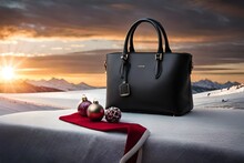 Mockup Of A Black Tote Bag Made Of Leather, On A Marble Surface Background, Surrounded By Christmas Ornaments And Snowflakes