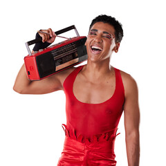 Poster - Happy, man and boombox radio in studio for gay, pride and vogue aesthetic with retro 80s tech isolated on png transparent background. Lgbtq, fashion and music with happiness, listen and comic laugh