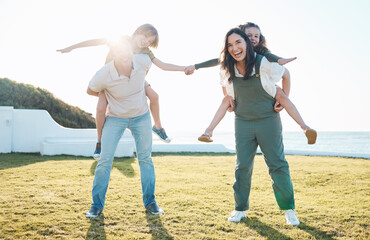 Sticker - Family, parents and portrait of children on grass by ocean for bonding, relationship and relax together. Nature, travel and happy mother, father carrying kids on holiday, summer vacation and playing