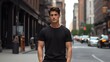 © Tremens Productions - Male model in a classic black cotton T-shirt on a city street