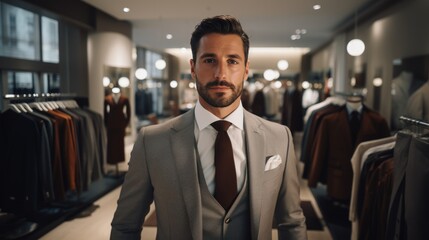 Wall Mural - A man in a classic suit stands in the fitting room of a luxury men's boutique.