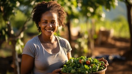 A happy Afro-harvest female farmer holds a basket with freshly picked vegetables and smiles.