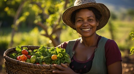 A happy Afro-harvest female farmer holds a basket with freshly picked vegetables and smiles.