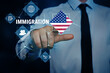© New Africa - Immigration. Businessman touching digital screen with icons, word and flag of America on dark blue background, closeup
