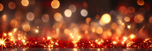 Gold And Dark Red Fireworks And Bokeh In New Year Eve And Copy Space. Abstract Background Holiday.  AI Generative