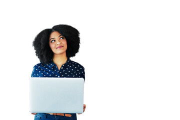 Woman, student thinking and laptop for online education, university choice or college decision. African person research, e learning ideas and goals on computer isolated on transparent png background