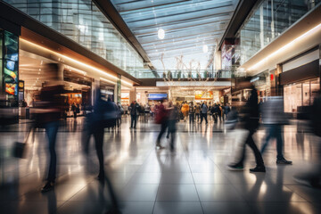 Shopping mall decorated for Christmas time. Crowd of people looking for presents and preparing for the holidays. Abstract blurred defocused image background. Christmas holiday, Xmas shopping, sale