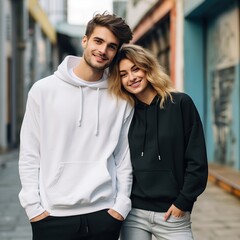 Illustration of a fashioncouple  portrait with plain hoodie mockup, AI Generated