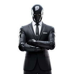 3D AI robot businessman in suit with think or compute standing arms crossed, isolated on white and transparent background, ai generate