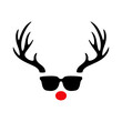 Tiempo de Navidad. Logo aislado con silueta de nariz y astas de reno Rudolph con gafas de sol para su uso en invitaciones y felicitaciones