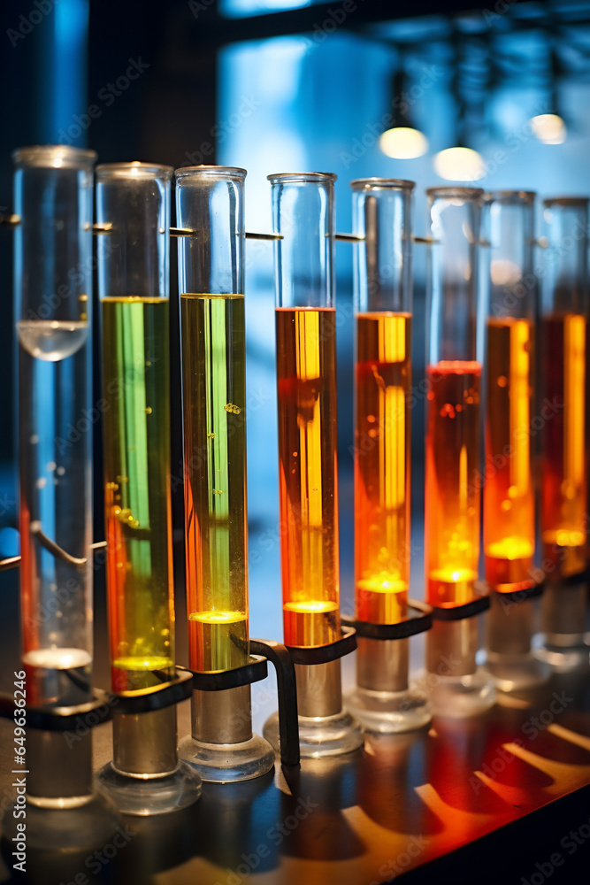 Analysing glass test tubes samples in a science laboratory while doing ...