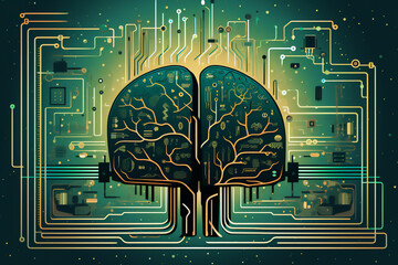 Wall Mural - Printed circuit brain emulating cognitive functions through an electronic computer semiconductor and microchip for machine learning and data processing, computer Generative AI stock illustration image