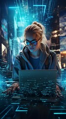 woman coding on laptop, futuristic holograms, confident expression, urban background