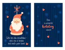 Set Holiday Christmas Card. Cute Santa Claus Toy With Congratulations On Blue Background With Snowflakes And Hearts. Vector Illustration. Xmas Holiday Vertical Card. Kids Collection.