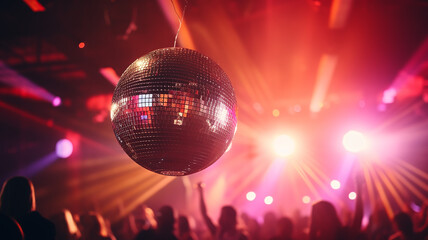 abstract background disco nightclub mirror disco ball with rays of light, silhouette of a crowd of people in the spotlight, and a musical performance, fictional