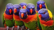 Group Of Rainbow Lorikeets In The Wild
