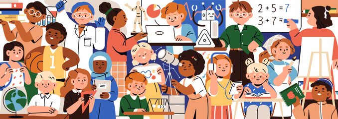 School student crowd studying. Kids education concept. Happy children group, elementary pupils with books, board, different subjects, learning courses. Diverse schoolkids. Flat vector illustration