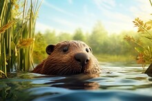 3D Cartoon Otter Swimming In Water, Cute Otter, Swimming Otter, Close-up Of Otter