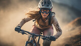 Fototapeta  - Concepto de deporte y aventuras. Mujer en carrera MTB de bicicleta en una montaña. Fondo de acción y velocidad. Ia generada.