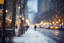 city street in winter, covered by snow