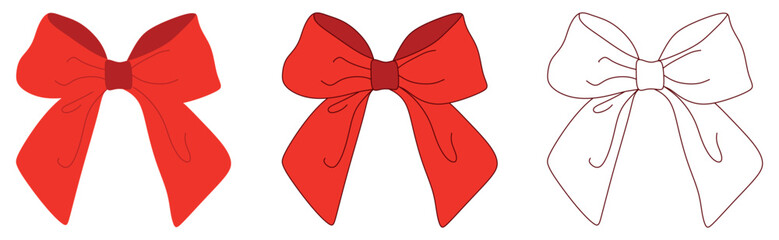 Set of Vector bows. Isolated long red ribbon and big bow with two tails. Colorful flat and outline illustration. Holiday concept. New Year, Christmas banner. Cartoon style. Front view. Flat design.