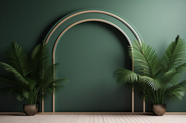 3d arches with golden frame outline and two palm leaves on the pot background for display luxury products with copy space on green wall. 3d minimal podium and scene.