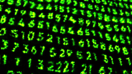Canvas Print - green and blue numbers with backlight in animation. motion. a black background on which a long code 
