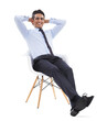 © Suresh/peopleimages.com - Portrait, smile and a chair to relax with a businessman isolated on a transparent background for success. Smile, professional and confident with a happy young employee sitting on a seat on PNG