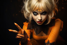 Halloween Young Woman Wearing Orange Witch Costumer Looking At Camera With Two Fingers Up Gesture On Dark Black Background.