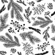 © Natspace - Seamless pattern background with  winter christmas holly, spruce  branches, twigs with leaves, berries. Floral botanical elements. Hand drawn line vector illustration.