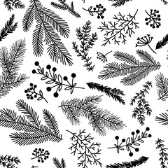 Seamless pattern background with  winter christmas holly, spruce  branches, twigs with leaves, berries. Floral botanical elements. Hand drawn line vector illustration.