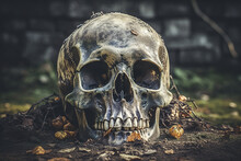 Human Skull Head On The Ground Against Grunge Wall Background.
