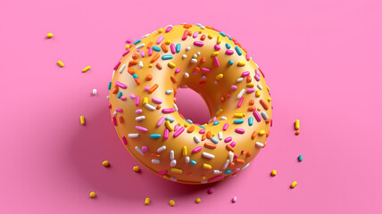 top view of a three dimensional donut with pink::4 sugar icing and colorful.