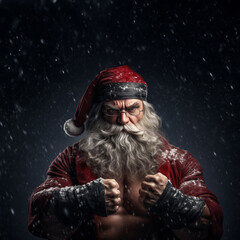 Wall Mural - Santa Claus engaged in an intense battle, showing aggression without considering anyone else, all within a cinematic atmosphere. Generative AI.