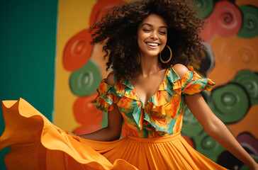 Beautiful young woman with curly hair dancing in the street at a carnival