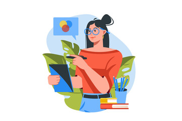 Wall Mural - concept creative agency with people scene in the flat cartoon design. girl creates a concept for the