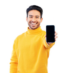 Poster - Smartphone screen, man with advertising mockup and portrait, mobile app and ads isolated on png transparent background. Social media, UX design and information on website with brand marketing