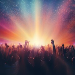 Outdoors party with lights and confetti, hands in the air.  Concept for background with copy space. Lights in rainbow colors in the sky. Generative AI