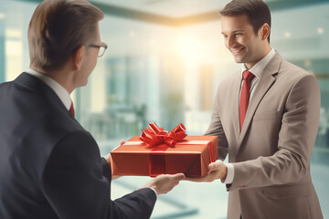 Poster - An employee receives a wrapped gift from their boss in the office, symbolizing recognition and appreciation for hard work