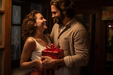 Poster -  A couple sits together at a candle-lit table, exchanging gifts to celebrate their anniversary, highlighting the power of thoughtful gestures