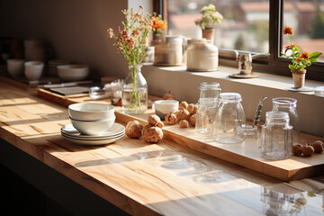 Kitchen interior with utensils and flowers on wooden countertop