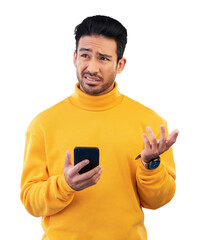 Man, confused student and phone for questions, language and translation doubt or college website. Asian person thinking, education choice or decision on mobile isolated on transparent png background