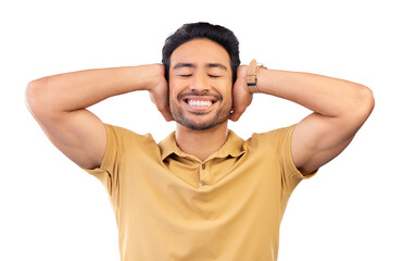 Wall Mural - Smile, silence and man cover ears, noise and happy person isolated on a transparent background. Guy, peace and model with happiness, silent and gesture with png, relax and adhd with calm and joyful