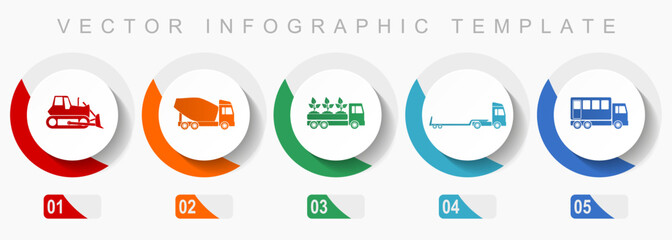 Poster - Transport icon set, miscellaneous icons such as bulldozer, concrete mixer, truck and delivery, flat design vector infographic template, web buttons in 5 color options