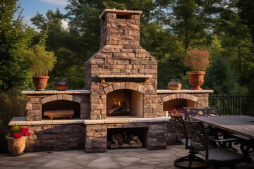 Canvas Print - An outdoor stone fireplace has a built-in grilling rack, surrounded by wooden benches for people to sit and relax