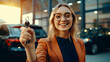 Happy woman buying new car - Automobile industry and rental car concept  - Delightful girl showing car keys to the camera - Fictional face  - Ai