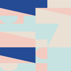 Poster - Abstract geometric vector seamless pattern. Modern background with simple shapes. Circles, squares, rectangles, triangles in pastel blue, pink, white colors